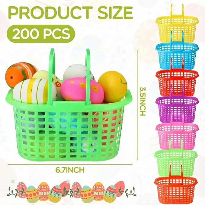 200 Pcs Easter Baskets Bulk Colorful Plastic Egg Baskets with Handle 6.7" x 5.11" x 3.5" Easter Buckets for Party Favors Egg Hunts Supplies Decorations, 7 Colors