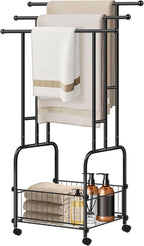 Freestanding Towel Rack for Bathroom, 3-Tier Durable Black Metal Stand with Wheels and Basket, Towel Drying Rack, Multi-Use Blanket Rack for Indoor/Outdoor Bathroom