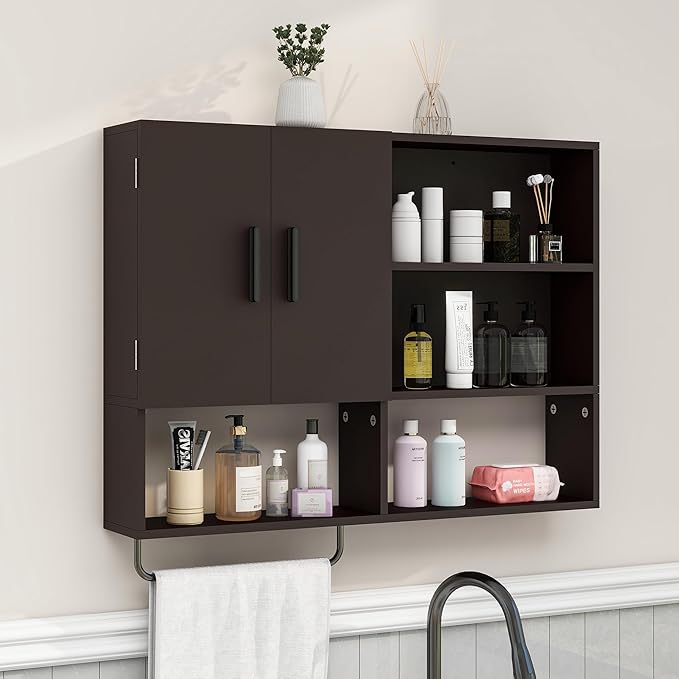 Medicine Cabinet, Wooden Bathroom Wall Cabinet with 2 Doors, Adjustable Shelves & Towel Bar, Over Toilet Storage Cabinet Wall Mounted for Kitchen & Laundry, Espresso