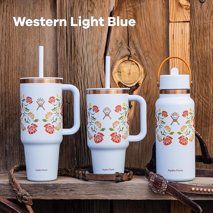 Hydro Flask 40 Oz Travel Tumbler with Handle, Lid and Straw - Insulated Stainless Steel in Western Light Blue