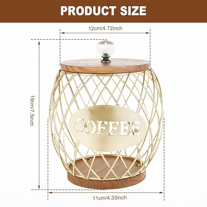 Coffee Pod Basket Holder Metal Coffee Pod Storage Basket with Dust Cover Hollow Design Coffee Pod Storage Container Large Capacity Sturdy Coffee Pod Organizer (golden)