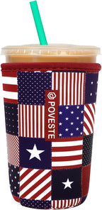 Reusable Neoprene Insulator Sleeve for Iced Coffee & Cold Soda, Coffee Sleeves for Iced & Hot Drinks, Cold Beverage Cooler Compatible with Starbucks, Dunkin (Patriotic Flags, Medium: 22-24oz)