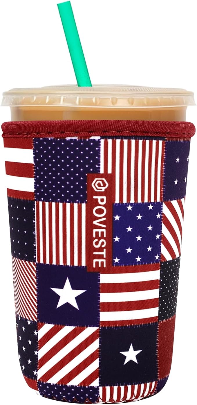 Reusable Neoprene Insulator Sleeve for Iced Coffee & Cold Soda, Coffee Sleeves for Iced & Hot Drinks, Cold Beverage Cooler Compatible with Starbucks, Dunkin (Patriotic Flags, Medium: 22-24oz)