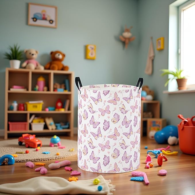 Baby Laundry Basket Baby Nursery Hamper Kids Laundry Basket Toy Storage Bin for Boys Room Decor Gift Baskets for Bedroom Bathroom(Purple Butterfly)