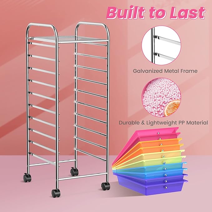 COSTWAY 10-Drawer Rolling Storage Cart, Utility Mobile Trolley with Removable Drawers & Universal Casters & 2 Brakes, Versatile Flexible Drawer Organizer Cart for Home, Office (Rainbow)