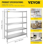 VEVOR Stainless Steel Shelving 60x18.5 Inch 5 Tier Adjustable Shelf Storage Unit Stainless Steel Heavy Duty Shelving for Kitchen Commercial Office Garage Storage 330lb Per Shelf