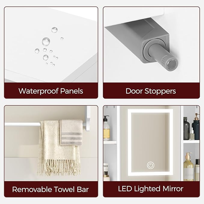 Bathroom Wall Cabinet with Mirror, Wall Mounted Medicine Cabinet with Color Adjustment LED Lights, Mirrored Over The Toilet Storage Cabinet with Adjustable Shelves, 23.6''W x 21.6''H, White