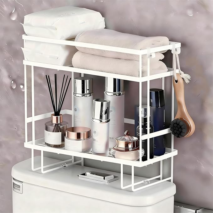 Bathroom Organizer Shelf - Over The Toilet Storage Rack, 2-Tier Floating Shelves with Hooks, No-Drill, Toilet Paper Holder for Restroom Bathroom Vanity Kitchen (White, 2 Tier)