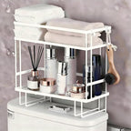 Bathroom Organizer Shelf - Over The Toilet Storage Rack, 2-Tier Floating Shelves with Hooks, No-Drill, Toilet Paper Holder for Restroom Bathroom Vanity Kitchen (White, 2 Tier)