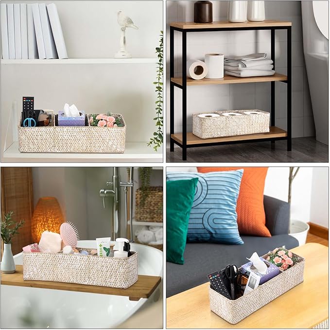 Hipiwe Handwoven Seagrass Storage Basket 3 Sections Toilet Tank Paper Basket Wicker Shelf Basket for Pantry Kitchen Living Room Home Decor, Whitewash