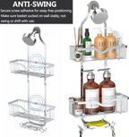 Kadolina Shower Caddy Hanging, Bathroom Shower Rack, Bathroom Organizer with Soap Dish, Over The Showerhead Caddy with Hooks for Razor/Sponge, Bright Silver (Assembly Required)
