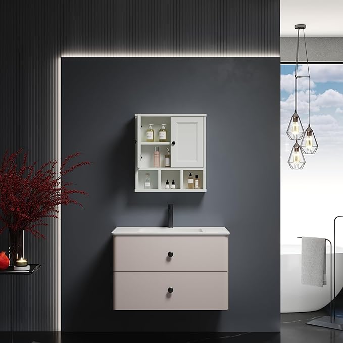 WPC Bathroom Cabinet Wall Mounted with Adjustable Shelf,Medicine Cabinet Organizer for Bathroom and Laundry, White