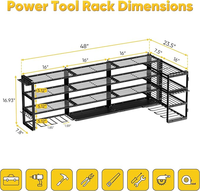 Extra Large 64" W Power Tool Organizer Wall Mount, Load 1000 lbs, Heavy Duty 4 Tier Garage Storage Rack with 8 Drill Holders, 2 in 1 Corner or Straight Installation