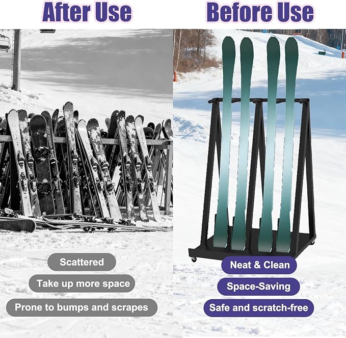 Indoor Ski Storage Rack Vertical, 1 2 3 4 5 6 Pair Ski Display Stand for Carrier/Organizer/Storage, Floor Standing Longboard Holders with Wheels(Hold 1 pair ski)