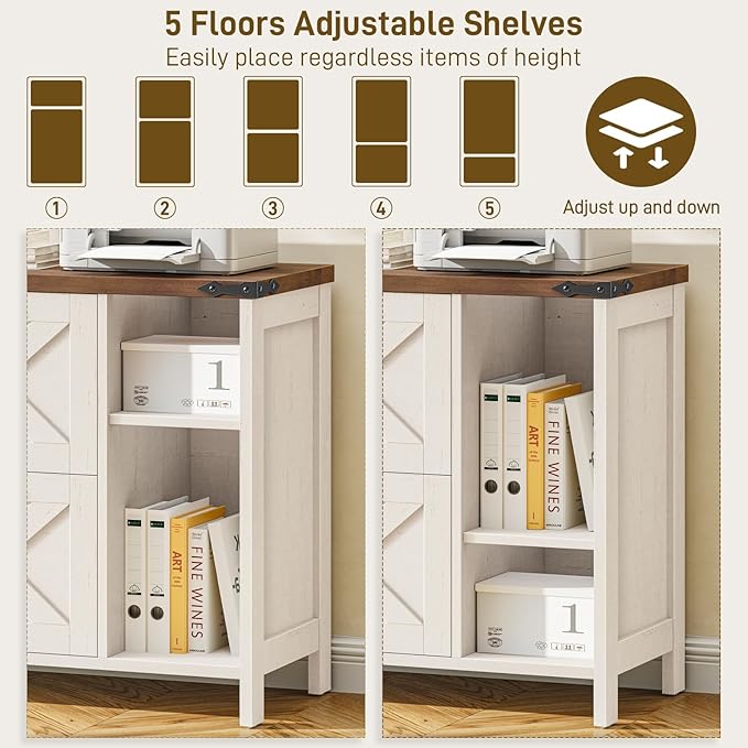 2 Drawer File Cabinet, Farmhouse Lateral Filing Cabinet Fits File Letter or A4 Size, Wooden Printer Stand with Open Storage Adjustable Shelf for Home Office, Rustic White