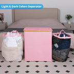 efluky Laundry Hamper with Lid, Double Laundry Hamper with 2 Removable Bags, 2 Section Laundry Basket with Bamboo Handles for Bathroom, Bedroom & Laundry Room (Pink, 140L Dual)