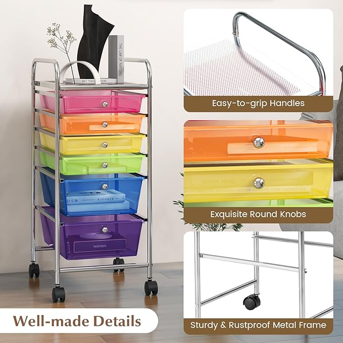 GOFLAME 6-Drawer Rolling Storage Cart, Multifunctional Art Craft Organizer Cart, Mobile Utility Storage Cart with Removable Drawers & Lockable Wheels, Craft Cart for Home Office, Rainbow