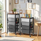 Rolling Cart with 5 Drawers, Plastic Drawer Storage Carts with Wheels & Wooden Tabletop, Metal Utility Cart with Pegboards, Office Living Room Classroom Craft Organization and Storage, Dark Grey
