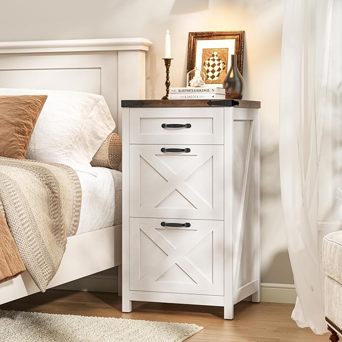 3 Drawer Small File Cabinet, Farmhouse Vertical Filing Cabinet Fits Letter/A4 Size, Wooden File Cabinets Printer Stand for Home Office, Living Room, Rustic White