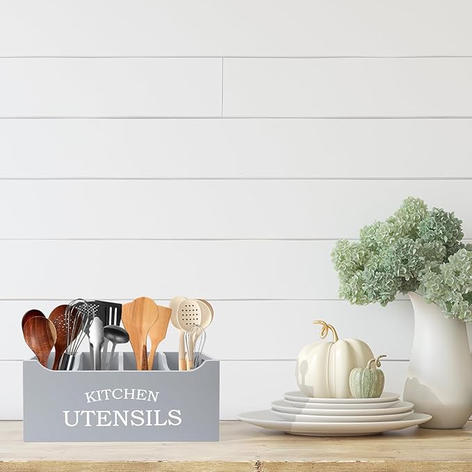 Kitchen Utensil Holder with Drainage Bottom, Extra Large 4 Compartments Solid Real Wood Utensil Organizer for Kitchen Counter, Farmhouse Cooking Tools Storage for Countertop, Grey