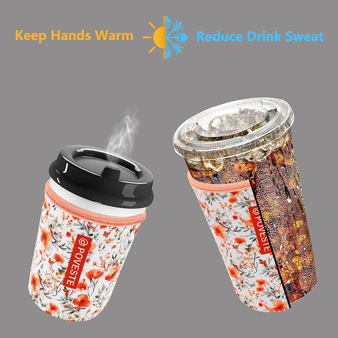Reusable Neoprene Insulator Sleeve for Iced Coffee & Cold Soda, Coffee Sleeves for Iced & Hot Drinks, Cold Beverage Cooler Compatible with Starbucks, Dunkin (Flower Power, Small: 16-18oz)