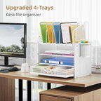 Marbrasse Desk Organizer with Drawer, 4-Tier Wooden File Organizer with 5 Vertical File Holders and 2 Pen Holders, Desk Organizers and Accessories for Home Office - White