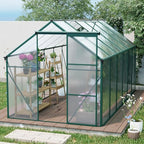 Polycarbonate Greenhouse with Rain Gutter and Roof Vent, Raised Base and Anchor Aluminum Heavy Duty Walk-in Green House, Outdoor Patio Sunroom with Sliding Door (Green, 146.06*74.8*76.77in)
