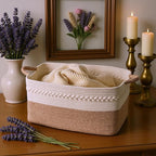Decorative laundry basket with handles woven from natural cotton rope storage blankets for living room cute boho quilted gift baskets for clothes pillows toys 20"x14"x10",white/brown