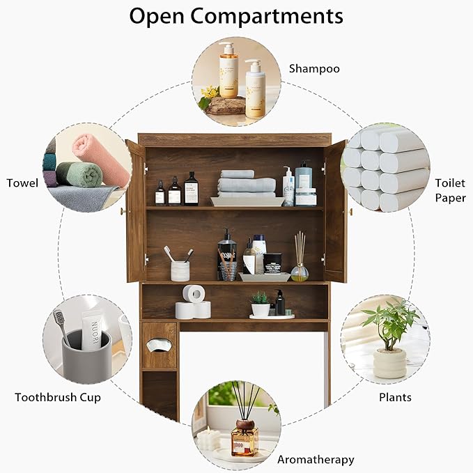 Over The Toilet Storage Cabinet Bathroom Shelf Over Toilet Bathroom Organizer Space Saver Rack with Adjustable Shelf (Brown- Yellow, Rattan Style)