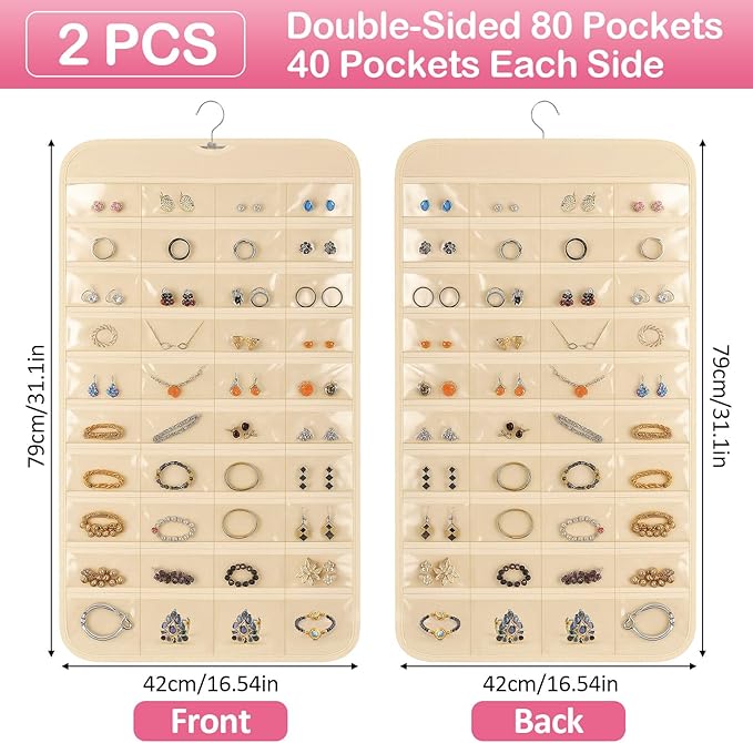 2 Pack Hanging Jewelry Organizer, 80 Clear Pockets earring organizer and storage, Accessories holder organizer for Closet, Jewelries, Necklace, Travel
