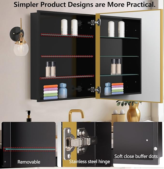 Bathroom Medicine Cabinet with Mirror, Recess or Surface Mount, Single Door Cabinet Famerhouse Bathroom Mirror with Storage Cabinet (Brush Gold, 16"x26")