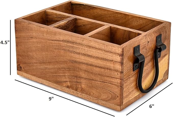 Utensil Holder Acacia Wood 4-Compartment Kitchen Countertop Organizer for Cooking Tools & Flatware with Black Iron Handle (9" X 6" X 4.5")