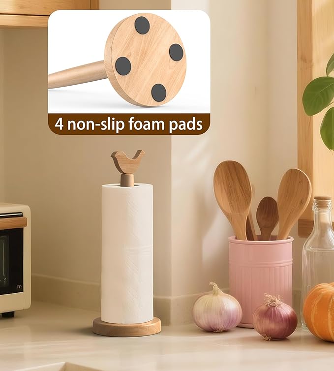 Cute Wooden Paper Towel Holder Stand - Kitchen Paper Hanger Rack Bathroom Towel Roll Stand Organizer Simply Standing Countertop Paper Roll Holder, Bird