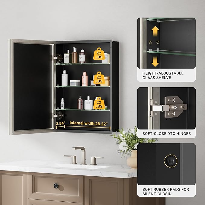 30x26 Pre-Assembled Bathroom Medicine Cabinet Mirror, Surface or Recessed Brushed Nickel Medicine Cabinet with Mirror & Rustproof Aluminum Frame, Beveled Bathroom Vanity Mirror with Storage