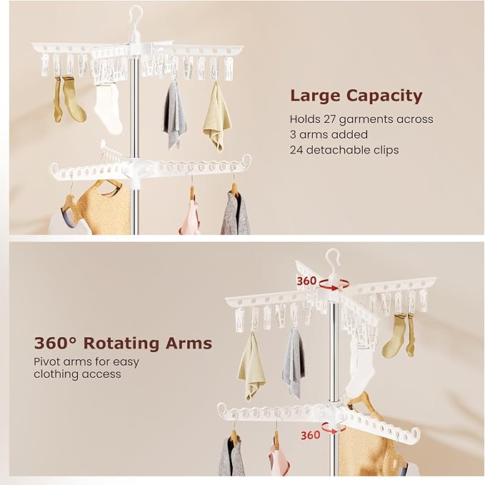 Abiglifty Rotatable and Foldable Clothes Drying Rack, Space Saving Free Standing Laundry Drying Rack for Indoor, Balcony, 2 Layer