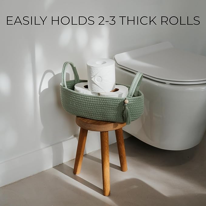 Decorative Toilet Paper Basket – Beautiful Bathroom Organizer for Toilet Tank Storage Decor – Boho Cotton Rope Bin with Tassel for Bathroom Accessories and as Shelf Decor (sage Green)