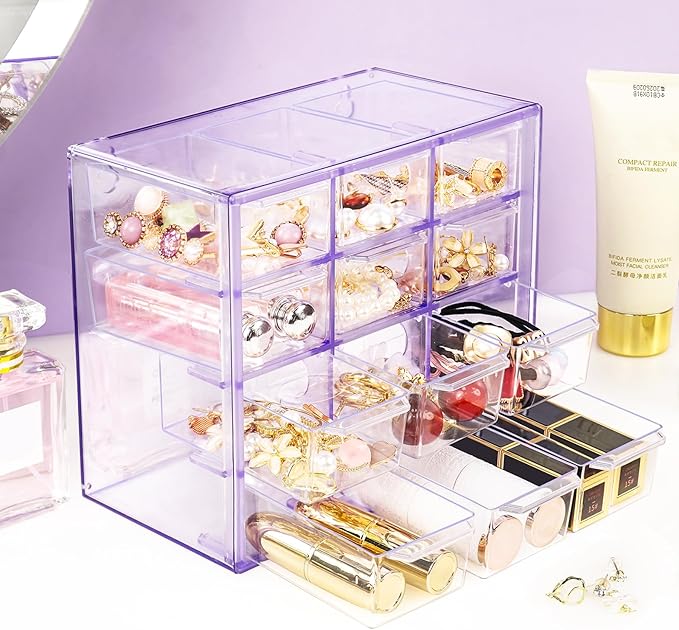 Desk Storage Organizer with 12 Mini Drawers, Clear Desktop Craft Drawer Cabinet, Stackable Storage Box Caddy for Makeup Jewelry Office Craft Supplies (Purple)