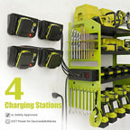 4-Tier Heavy Duty Power Tool Organizer with 4-Outlet High-Power Strip, 600lbs Capacity Reinforced Steel Drill Rack, High-Visibility Fluorescent Green Wall Mount Storage for 20V/60V Max Battery Systems