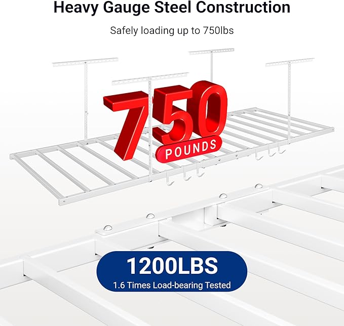 FLEXIMOUNTS 4x8 Overhead Garage Storage Rack with 6 Hooks, Adjustable Storage Organization System, Heavy-Duty Metal Ceiling Racks, 22.6" -39.4" Ceiling Dropdown, 2 Pack, White, Lite Series