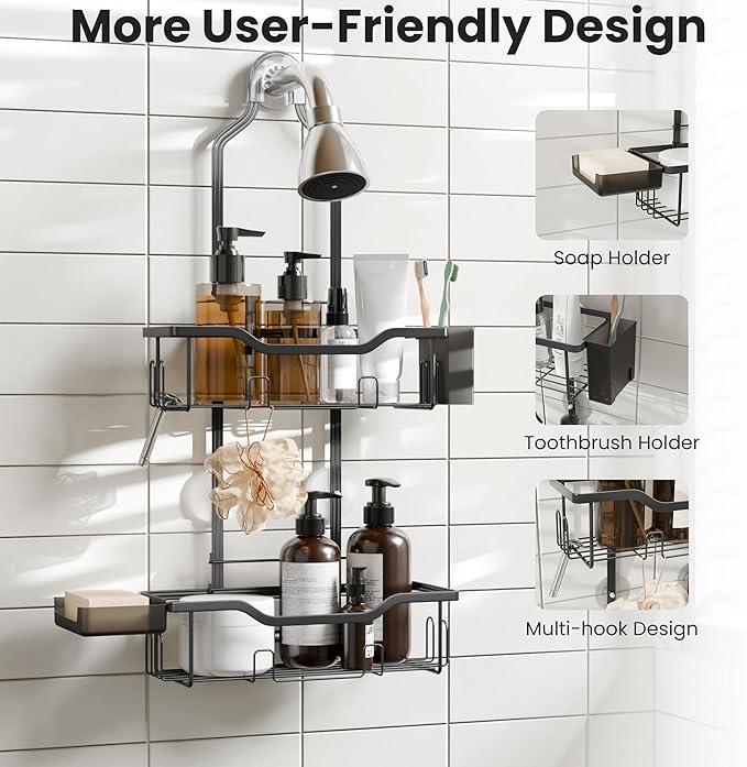 Hanging Shower Caddy Over Showerhead,2 Tier Rustproof Bathroom Shower Organizer, No Drill Shower Rack with Soap Dish, Toothbrush Holder and 12 Hooks,Black