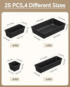 25 PCS Plastic Drawer Organizers Set, 4 Sizes Vanity Organizer, Makeup and Desk Drawer Organizer Trays, Organization and Storage for Makeup, Bathroom, Kitchen Utensils and Office (Black)