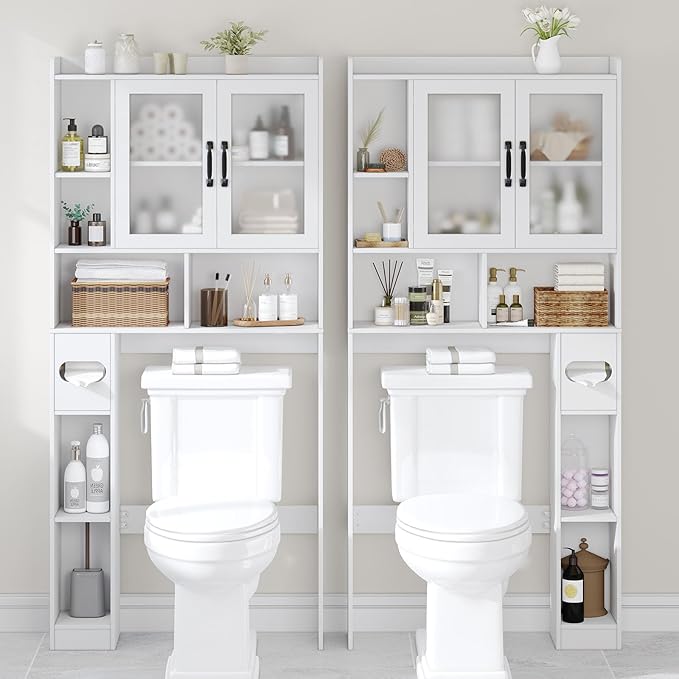 Vabches Over The Toilet Storage Cabinet, Farmhouse Storage Cabinet Over Toilet with Acrylic Doors，Home Space-Saving Toilet Rack, for Bathroom, Restroom, Laundry, White