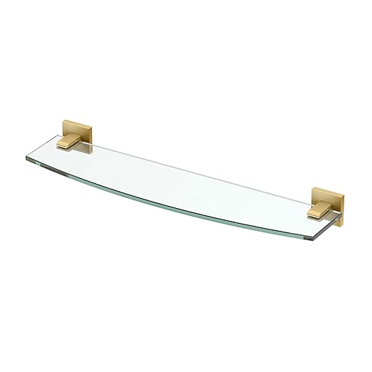 Gatco 4066 Elevate Bathroom 8mm Tempered Glass Shelf, 20.13" W X 5.50" D, Brushed Brass |Wall Mounted Curved Glass Shelf for Bathroom
