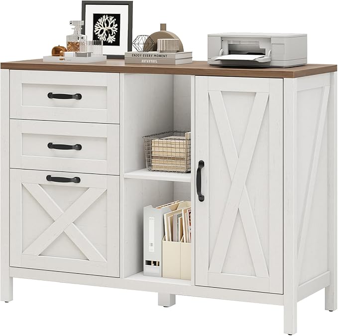 3 Drawer File Cabinet, Farmhouse Style Lateral Filing Cabinet Suitable for Letter or A4 Size Files, Wooden Home Office Storage with Adjustable Shelf and Printer Stand, White and Brown