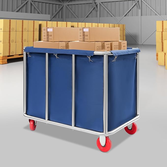 Commercial Laundry Cart with Wheels, 260LBS Laundry Cart Stainless Steel Rolling Laundry Hamper, Laundry Sorter Rolling Cart with Removable Oxford Cloth Bag for Hotel, Home, Hospital (Blue)