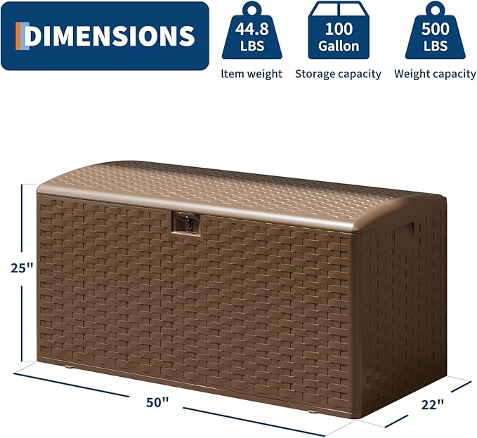 Garvee 100gal Outdoor Storage Box, Lockable Plastic Deck Box with Lid, Waterproof & UV-Resistant Storage Bin for Patio Cushions, Garden Tools & Pool Accessories, Brown