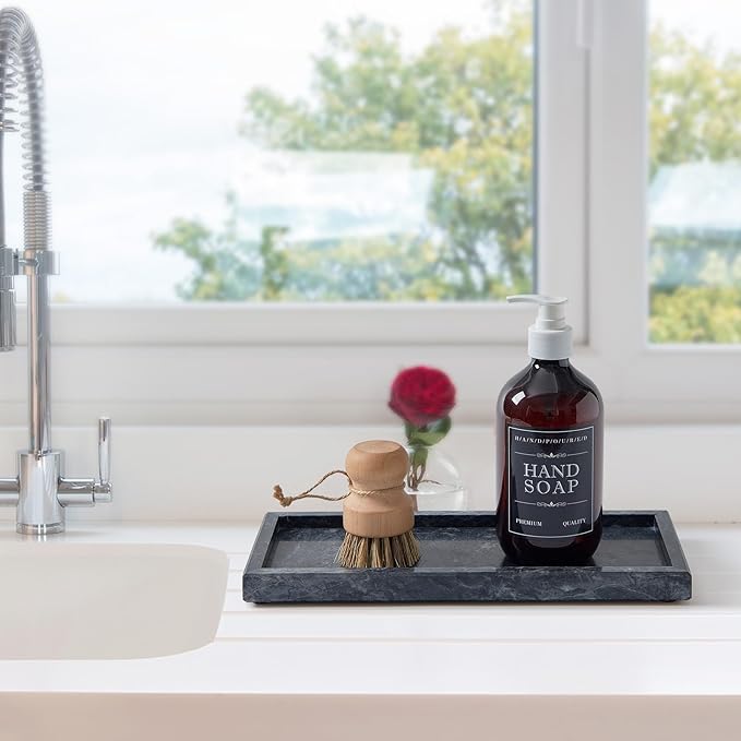 Natural Small Marble Vanity Tray, Luxury Stone Organizer for Bathroom & Kitchen | Holds Soap Dispenser, Jewelry, Perfume | Non-Resin, Non-Ceramic Décor (Black, M (11.8" x 5.1" x 0.78"))