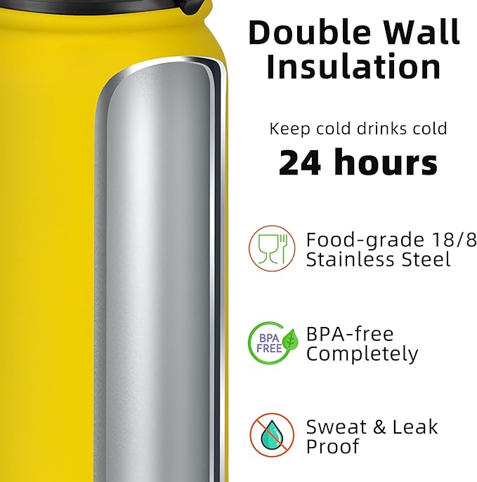 Fanhaw 20 oz Insulated Stainless Steel Water Bottle with Anti-Dust Chug Lid, Leakproof Vacuum Metal Bottle for Kids, Women & Men (Yellow)