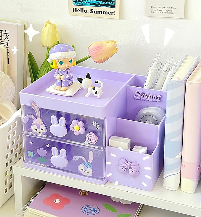 2 Drawer Storage Organizer Small Plastic Drawer Kawaii Purple Desk Organizer Drawer for Bathroom, Dorm, Desk, Office