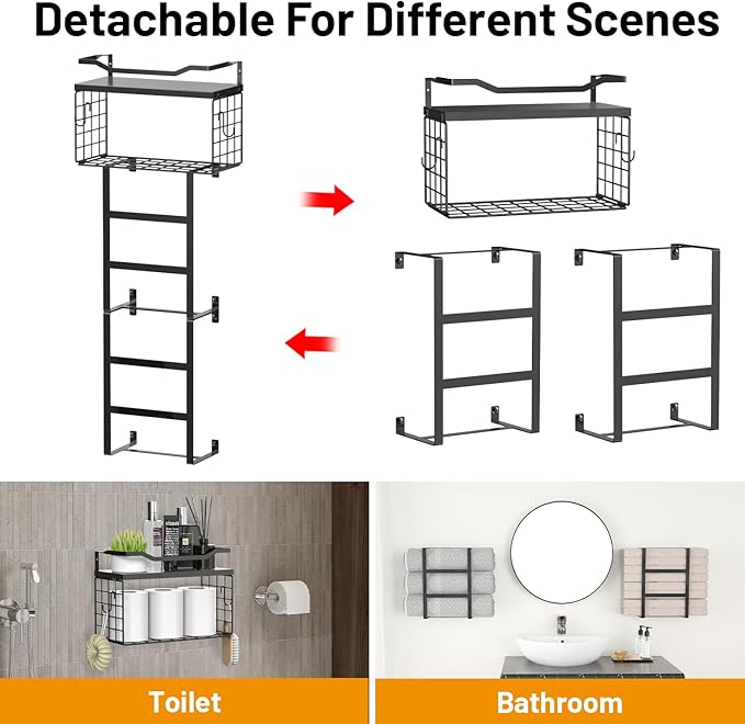 Towel Racks for Bathroom Black, 34IN Rolled Towel Holder, Towel Rack Wall Mounted with 2 Pack Shelf and a Wire Basket, Bathroom Towel Storage and Organizer, Sturdy Metal & Wood